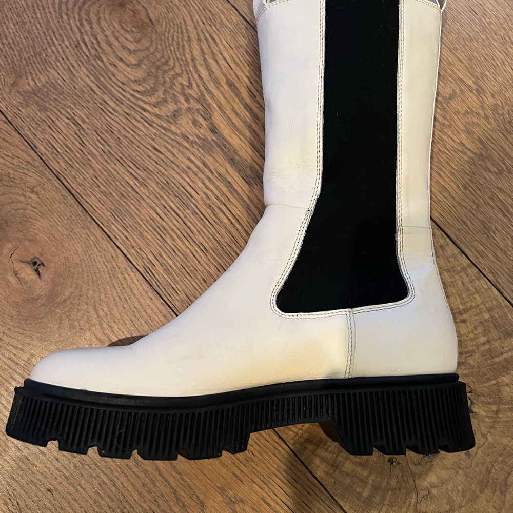 White and Black Combat Boots with Chunky Sole and Elastic Side Panel